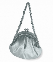 Sametová společenská kabelka ve tvaru váčku s ozdobným uchem v šedostříbrné barvě.