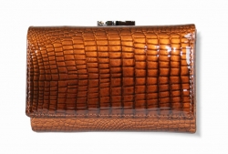 Luxusní dámská kožená peněženka z lakované kůže v hnědé barvě.